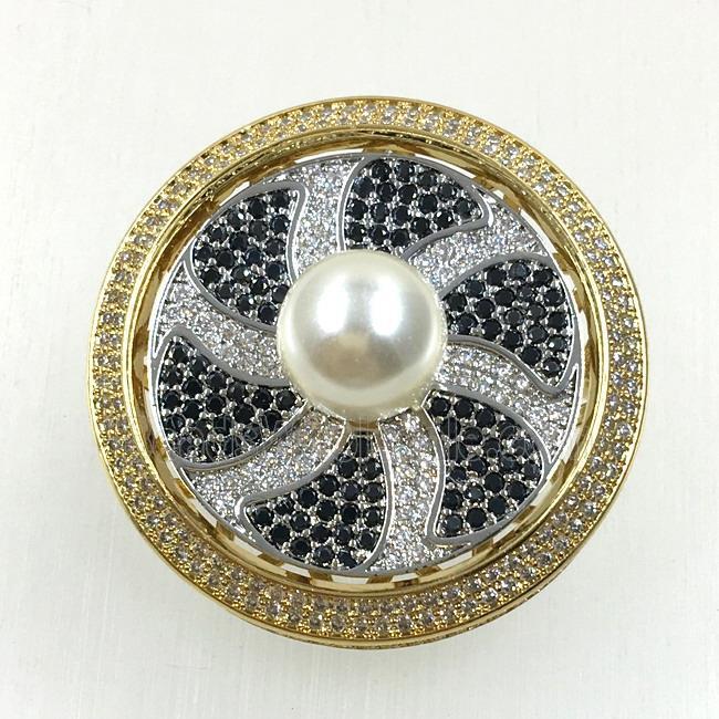 copper flower brooches pave zircon with pearl, revolvable, gold plated
