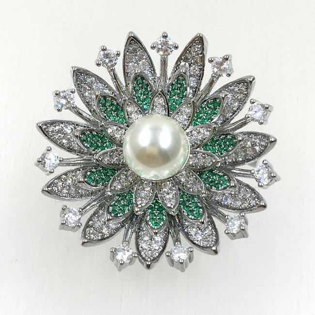 copper flower brooches pave zircon with pearl, revolvable, platinum plated