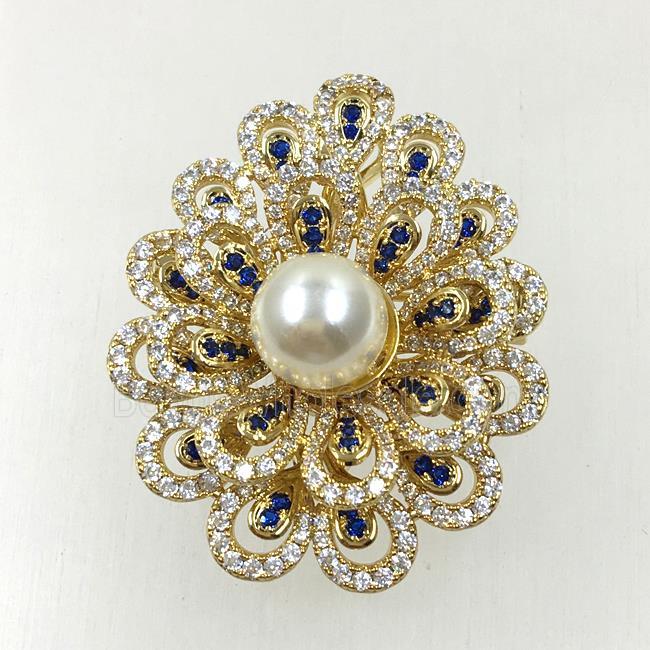 copper flower brooches pave zircon with pearl, revolvable, gold plated