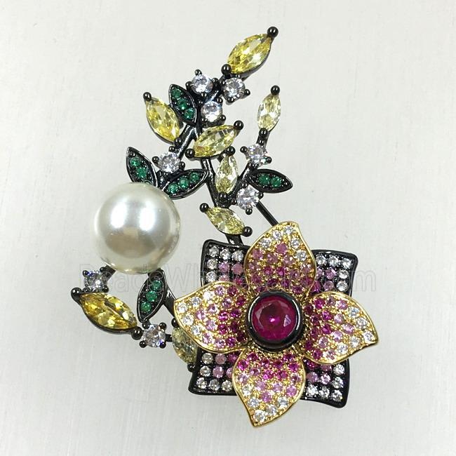 copper flower brooches pave zircon with pearl, revolvable, black plated