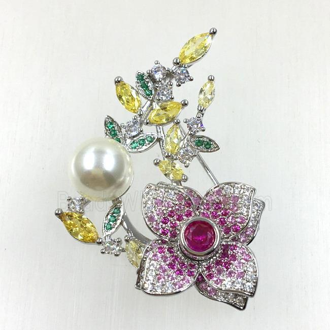 copper flower brooches pave zircon with pearl, revolvable, platinum plated