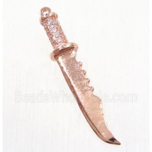 copper pendant paved zircon, knife, rose gold