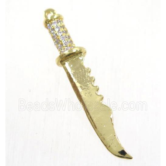 copper pendant paved zircon, knife, gold plated