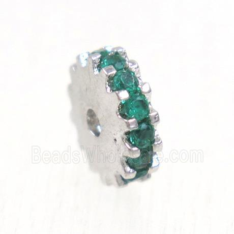 copper rondelle beads pave green zircon, platinum plated