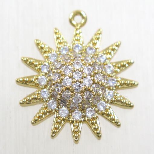 copper sun pendant paved zircon, gold plated