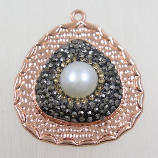 copper teardrop pendant paved rhinestone with pearl, rose gold