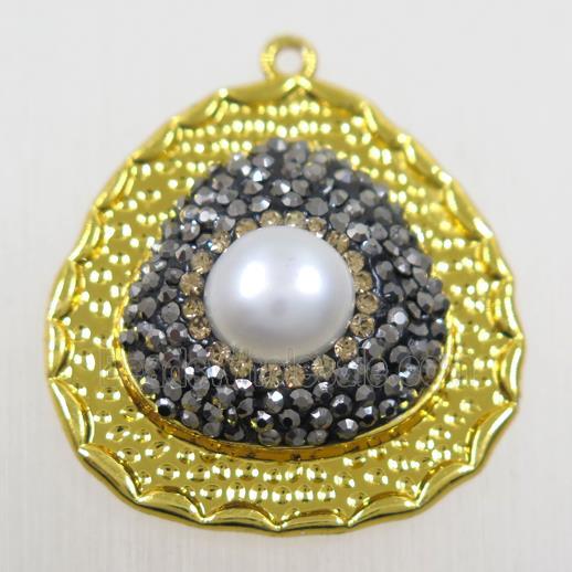 copper teardrop pendant paved rhinestone with pearl, gold plated