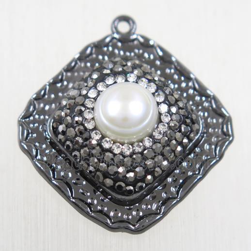 copper square pendant paved rhinestone with pearl, black plated