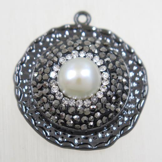 copper circle pendant paved rhinestone with pearl, black plated