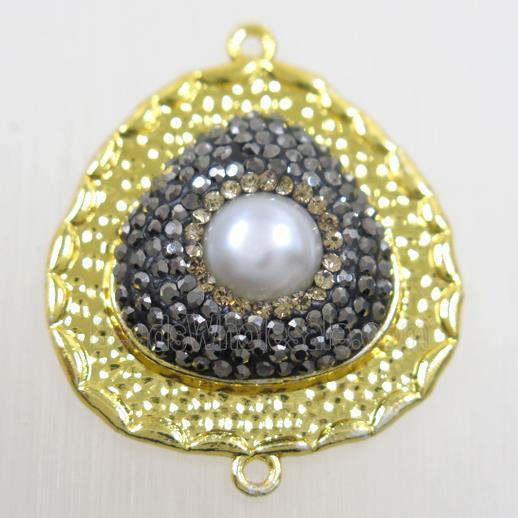 copper teardrop connector paved rhinestone with pearl, gold plated