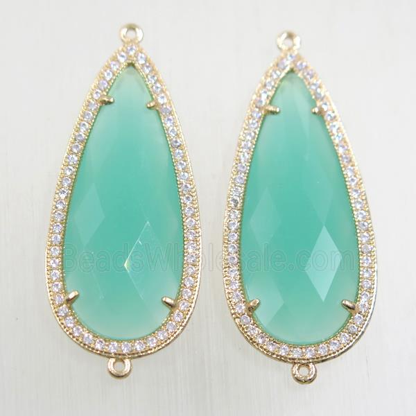 copper teardrop connector paved zircon with green crystal glass, gold plated