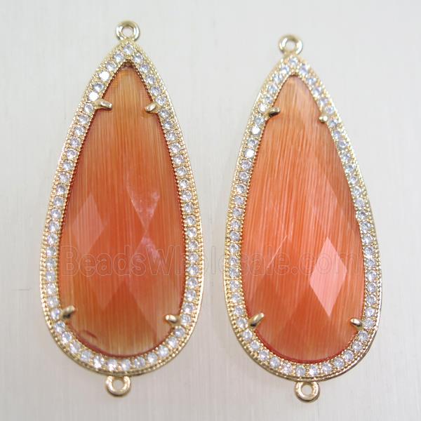 copper teardrop connector paved zircon with orange crystal glass, gold plated