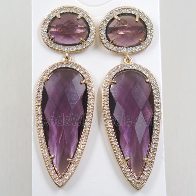 copper earring studs paved zircon with purple crystal glass, gold plated