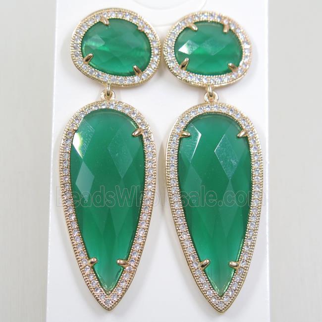 copper earring studs paved zircon with green crystal glass, gold plated