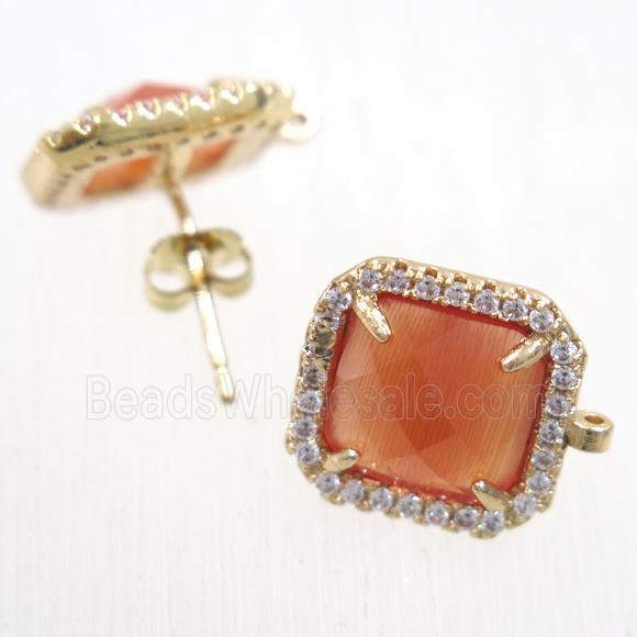 copper square earring studs paved zircon with orange crystal glass, gold plated