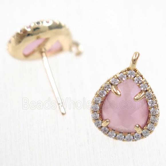 copper teardrop earring studs paved zircon with pink crystal glass, gold plated