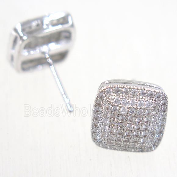 copper square earring studs paved zircon, platinum plated