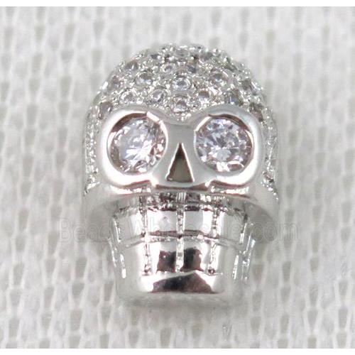 copper bead pave zircon, skull, platinum plated