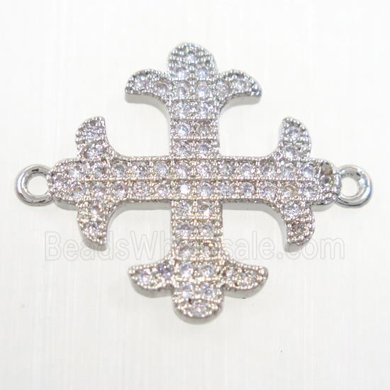 copper Cross connector paved zircon, platinum plated
