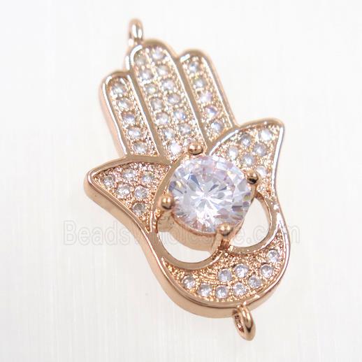 copper HamsaHand connector paved zircon, rose gold