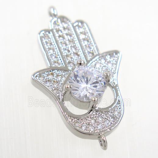 copper HamsaHand connector paved zircon, platinum plated