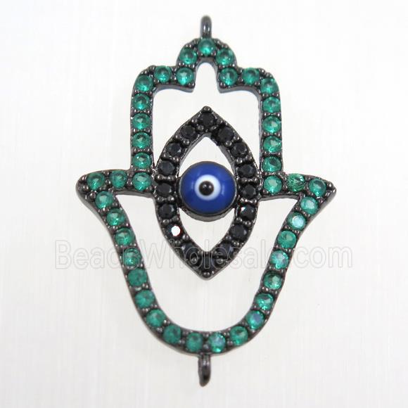 copper HamsaHand connector paved green zircon, evil eye, black plated