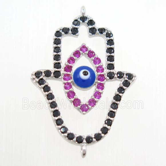 copper HamsaHand connector paved zircon, evil eye, platinum plated