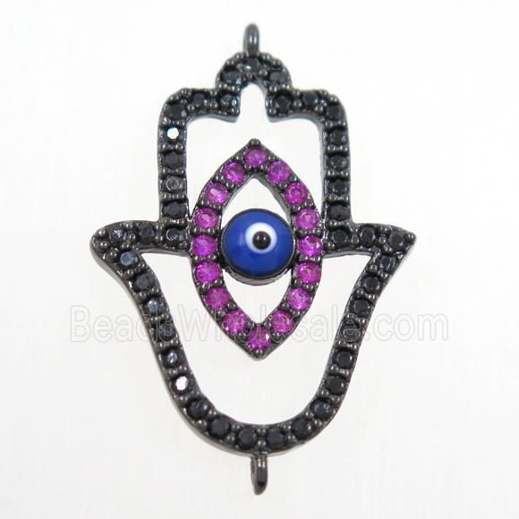 copper HamsaHand connector paved zircon, evil eye, black plated