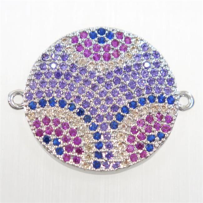 copper Button circle connector paved zircon, platinum plated