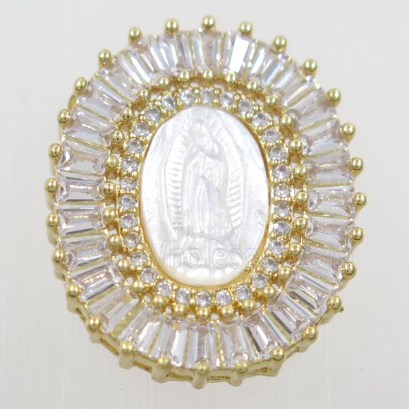 copper oval pendant paved zircon, shell Jesus, gold plated