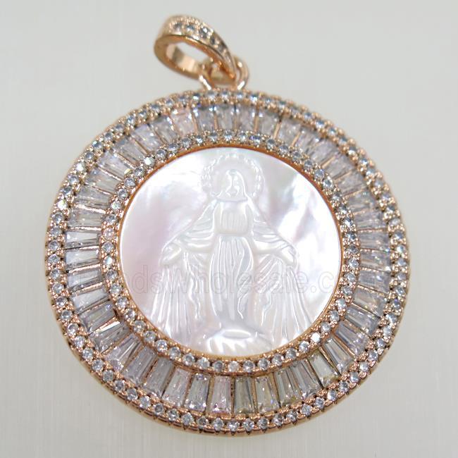 copper circle pendant paved zircon, shell Jesus, rose gold