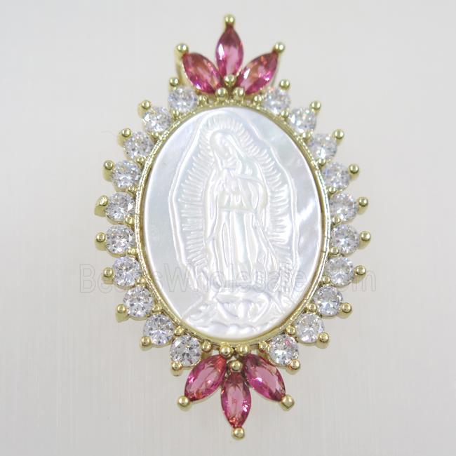 copper pendant paved zircon, shell Jesus, gold plated