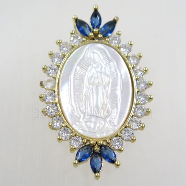 copper oval pendant paved zircon, shell Jesus, gold plated