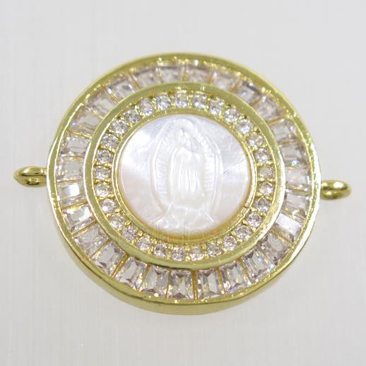 copper circle connector paved zircon, shell Jesus, gold plated