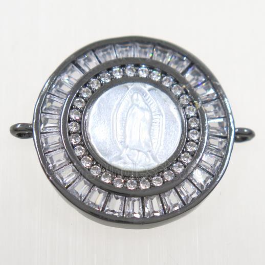 copper circle connector paved zircon, shell Jesus, black plated