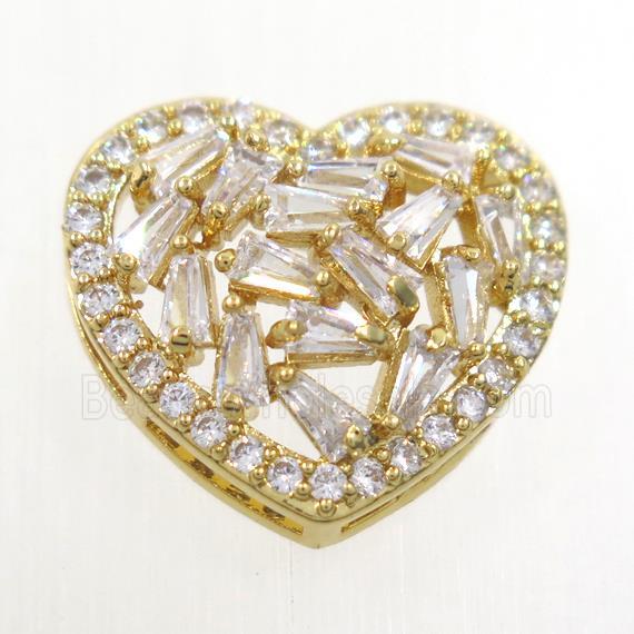 copper bead paved zircon, heart, gold plated
