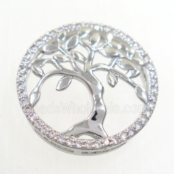 copper pendant paved zircon, circle, Tree of life, platinum plated