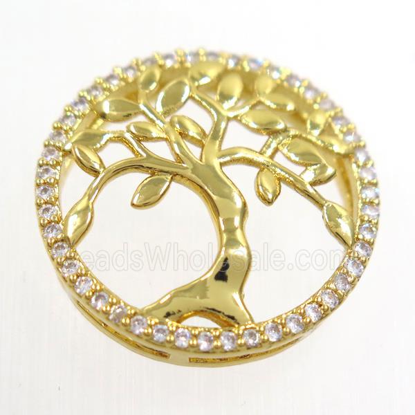 copper pendant paved zircon, circle, Tree of life, gold plated