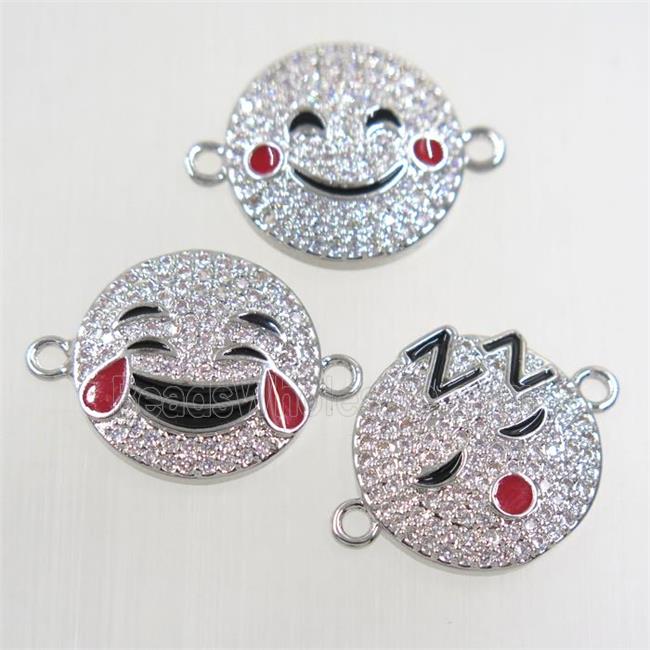 copper Emoji connector paved zircon, smile face, mixed, platinum plated