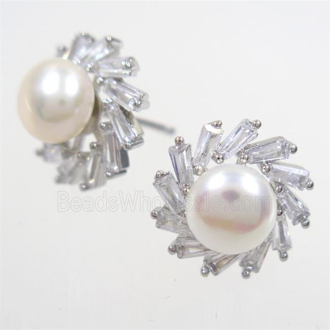 copper earring studs paved zircon, pearl