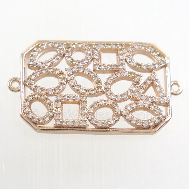 copper connector paved zircon, rectangle, rose gold