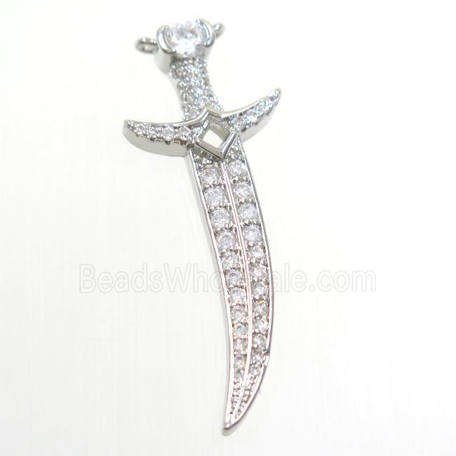 copper knife pendant paved zircon, platinum plated
