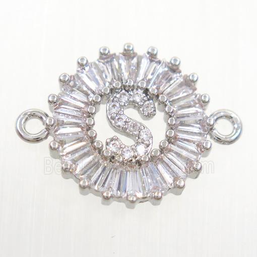copper alphabet connector paved zircon, platinum plated