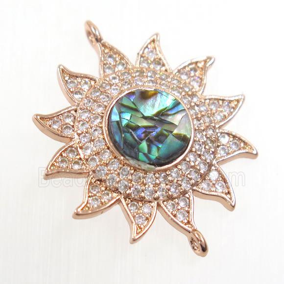 copper sunflower connector paved zircon with abalone shell, rose gold