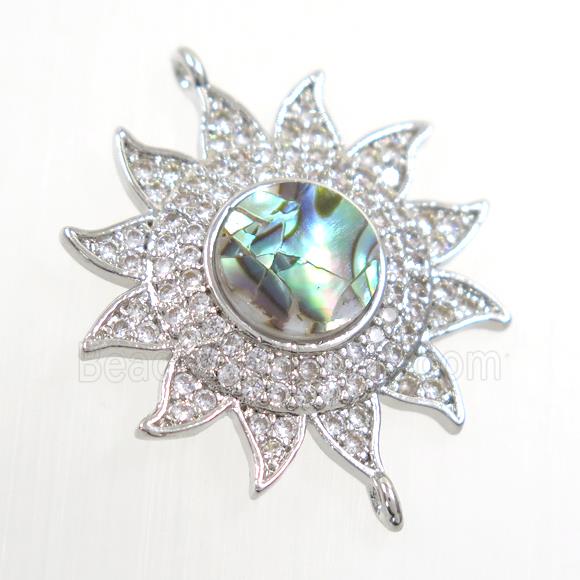 copper sunflower connector paved zircon with abalone shell, platinum plated