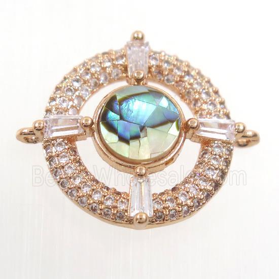 copper donut connector paved zircon with abalone shell, rose gold