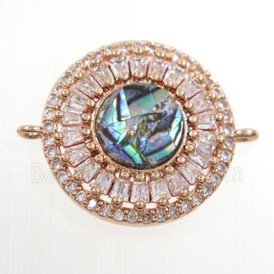 copper circle connector paved zircon with abalone shell, rose gold