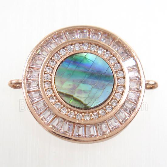 copper circle connector paved zircon with abalone shell, rose gold