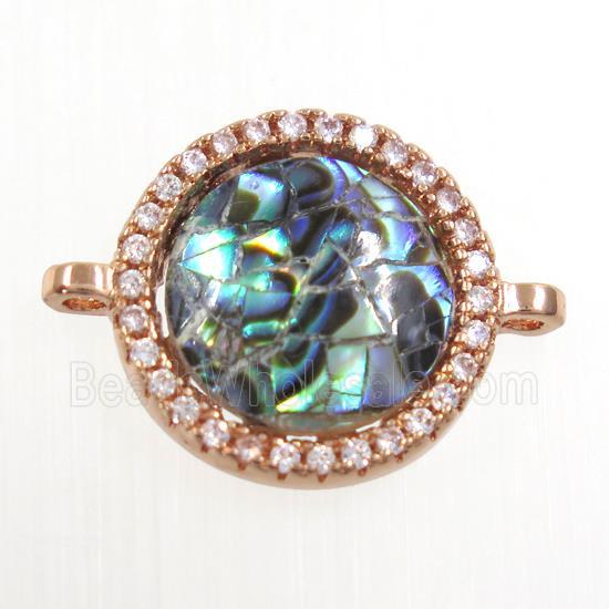 copper circle connector paved zircon with abalone shell, rose gold