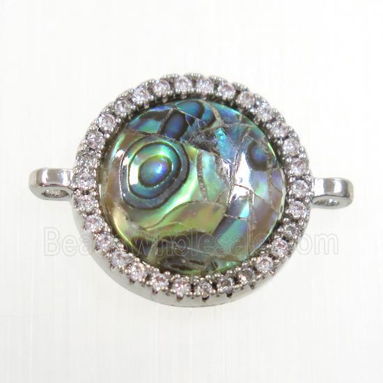 copper circle connector paved zircon with abalone shell, platinum plated
